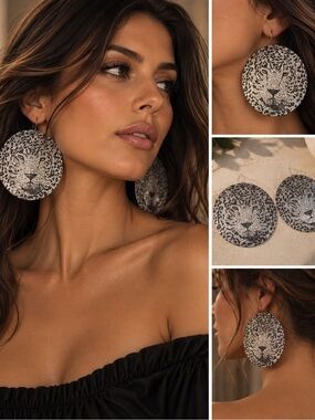 Leopard Face Disc Drop Earrings - Black & White